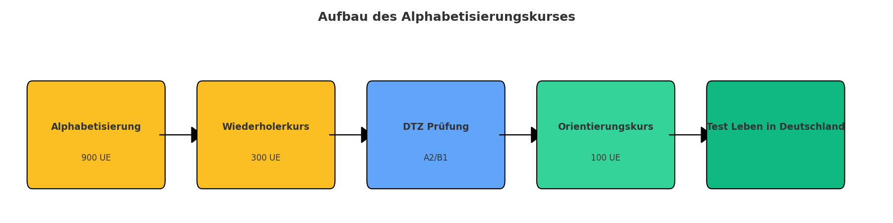 Grafik: Aufbau des Alphabetisierungskurses – 900 UE, Wiederholerkurs 300 UE, DTZ, Orientierungskurs, Test Leben in Deutschland